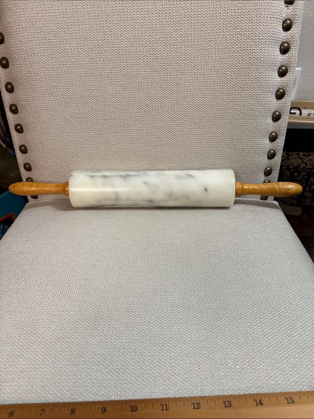 Vintage - White Marble Rolling Pin with Wooden Handles